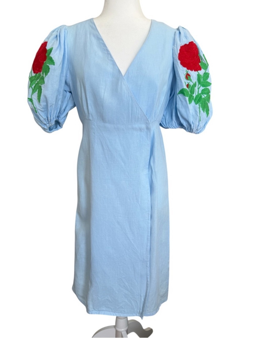 Fanm Mon Nif Linen Mini Dress XS Blue Floral Embroidered Resort Euro Summer - Picture 2 of 13